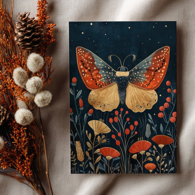 Cartão Postal Elegant Moth Autumn Foliage Navy Blue Christmas  (Criador carregado)