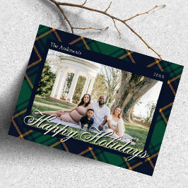 Cartão Postal Elegant Navy Green Plaid Happy Holidays