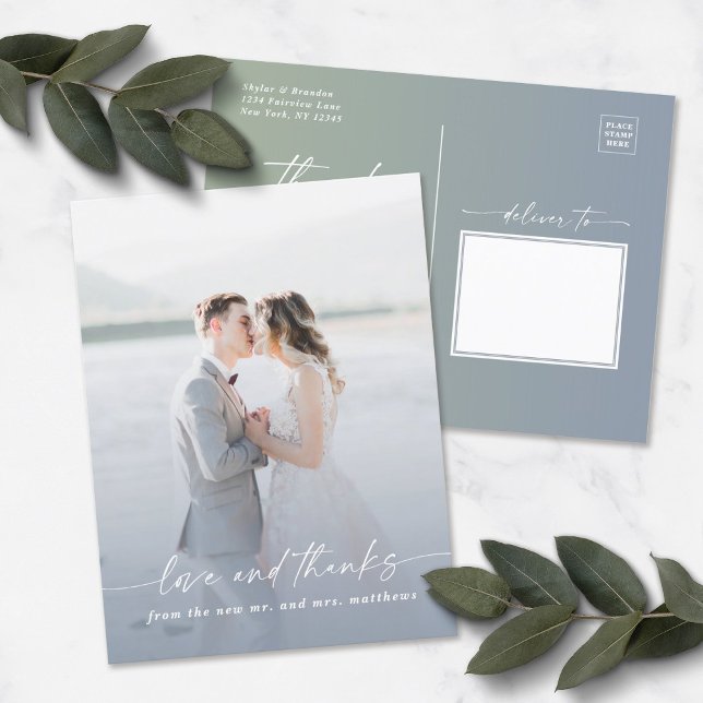 Cartão Postal Elegant Ombre Dusty Blue Wedding Photo Overlay (Criador carregado)