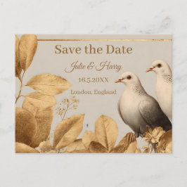 Cartão Postal Elegant Pair of Doves with Gold Leaf Save the Date