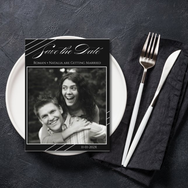 Cartão Postal Elegant Photo Minimalist Black White Save the Date (Criador carregado)