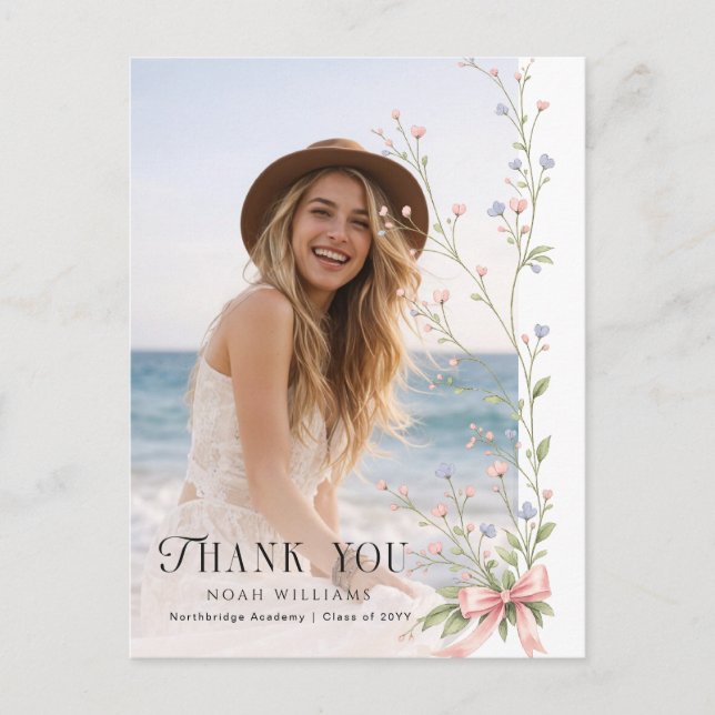 Cartão Postal Elegant Photo Pink Bow Floral Graduation Thank You (Frente)