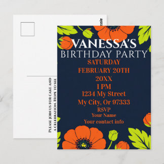Cartão Postal Elegant Poppies Black Birthday Invitation