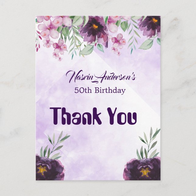 Cartão Postal Elegant Purple Floral Birthday Invitation (Frente)