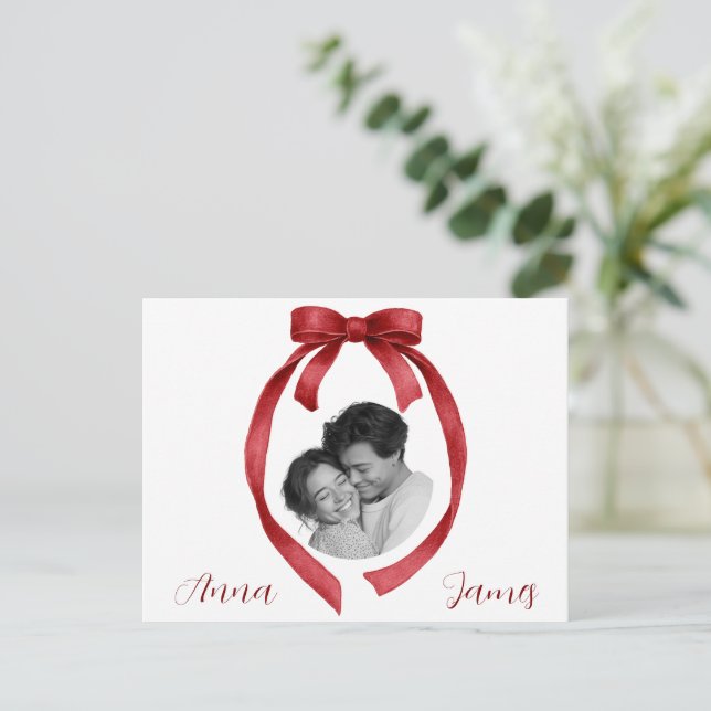 Cartão Postal Elegant Red Bow Valentine's Day Card Custom Photo (Em pé/Frente)