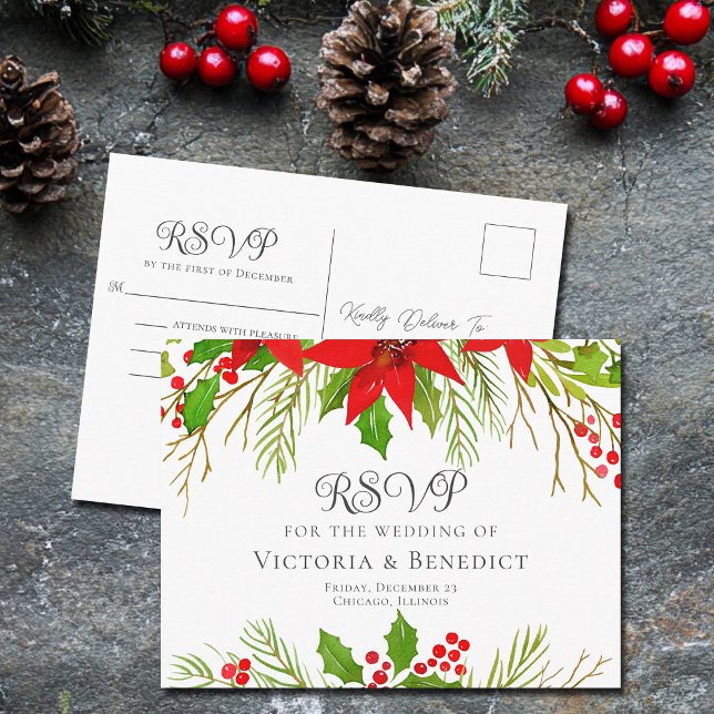 Cartão Postal Elegant Red Floral Christmas Wedding RSVP (Criador carregado)
