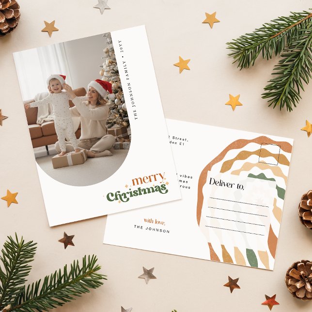 Cartão Postal Elegant Retro Script Family Photo Wish Christmas (Criador carregado)