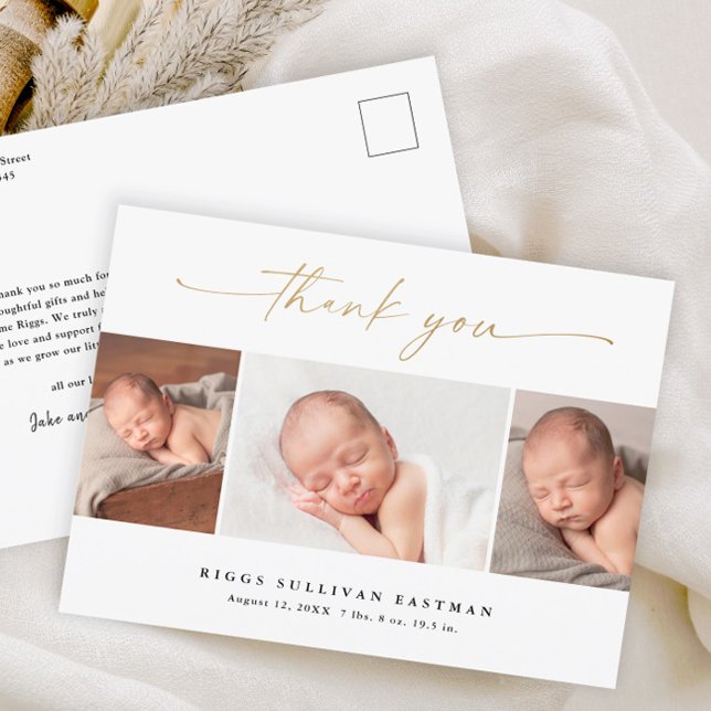 Cartão Postal Elegant Script 3 Colagem de Fotos Obrigado Bebê (Modern elegant gold script 3 photo baby thank you card birth announcement.)