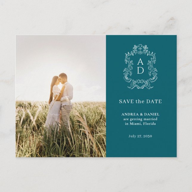 Cartão Postal Elegant Tale Blue Photo Wedding Save the Date (Frente)