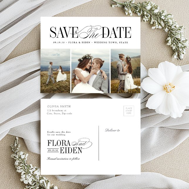 Cartão Postal Elegant Timeless Typography 3 photo Save The Date (Elegant Timeless Typography 3 photo Save The Date Postcard)