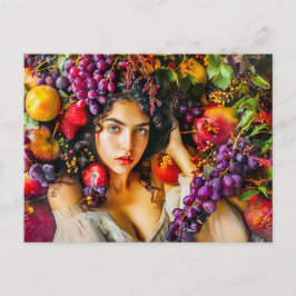 Cartão Postal Elegant woman with pomegranate grapes and floral c