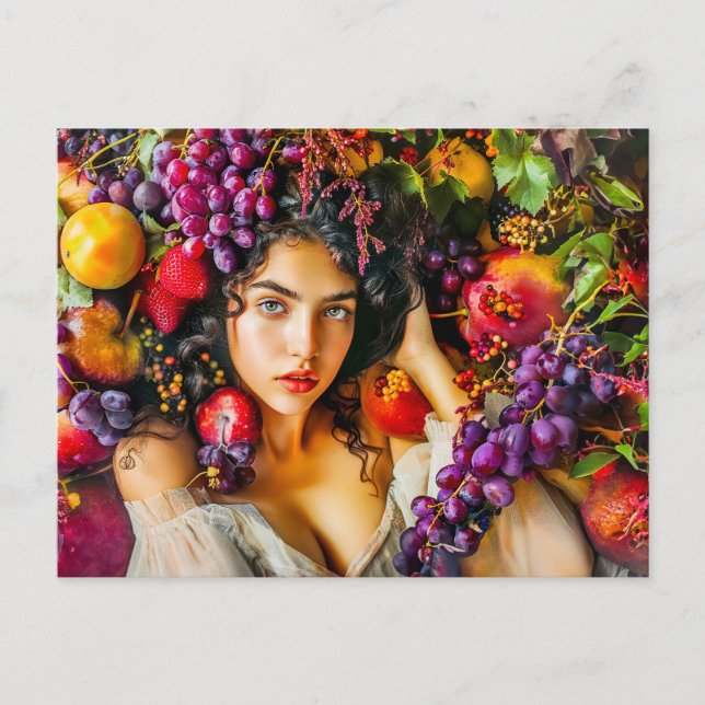 Cartão Postal Elegant woman with pomegranate grapes and floral c (Frente)
