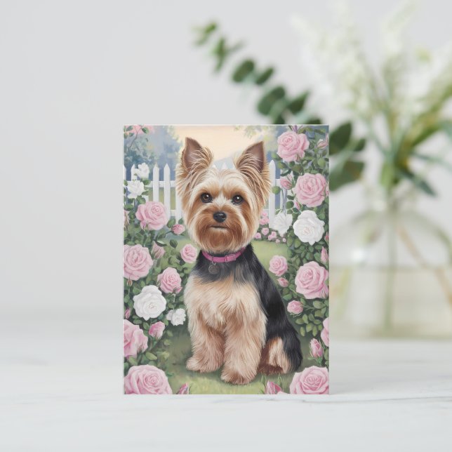 Cartão Postal Elegant Yorkshire Terrier Rosa Garden Painting (Em pé/Frente)