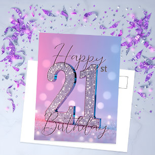 Cartão Postal Elegante 21º Aniversário Tons Pastel Brilho Diaman