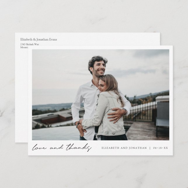 Cartão Postal Elegante Agradecimento de Casamento com Foto Minim (Frente/Verso)