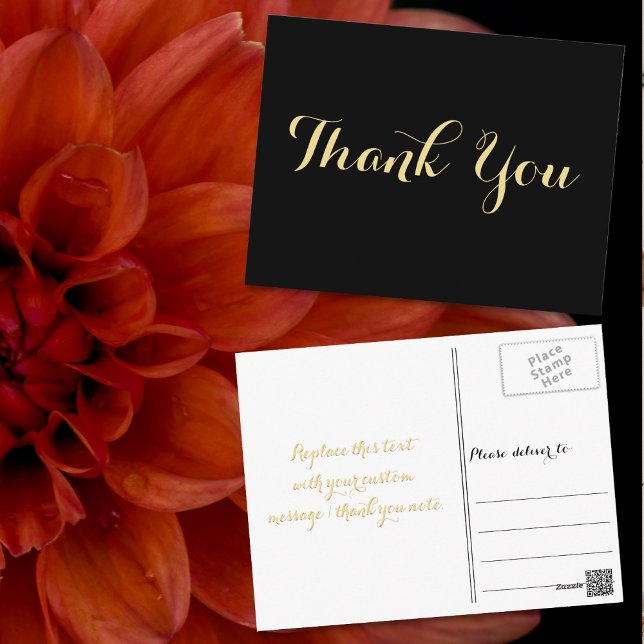 Cartão Postal Elegante Agradecimento de Casamento em Script Dour (Elegant Black Faux Gold Script Wedding Thank You Postcard)
