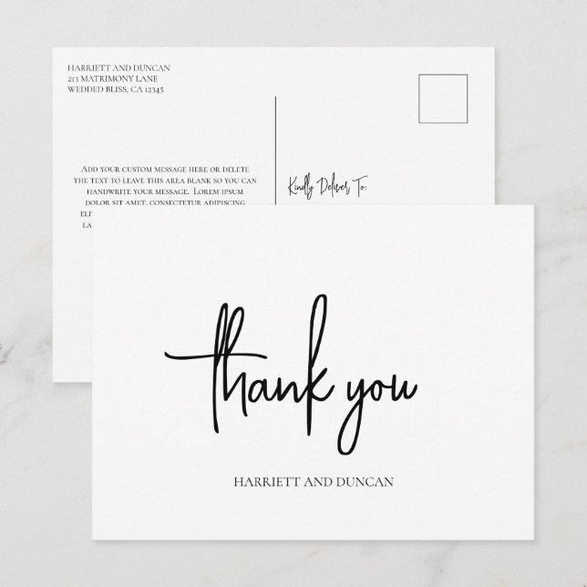 Cartão Postal Elegante Agradecimento de Casamento Preto e Branco (Frente/Verso)
