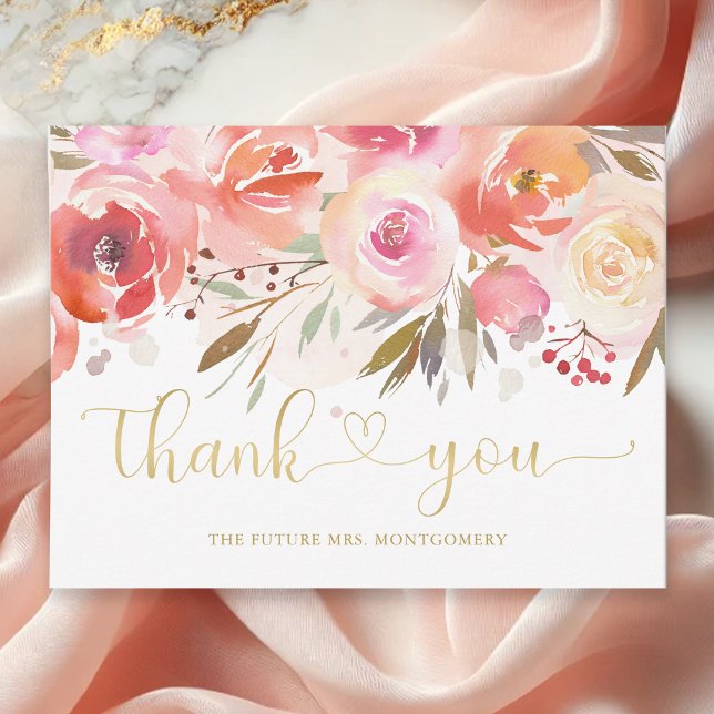 Cartão Postal Elegante Agradecimento de Chuveiro de Noiva Rosa F (Elegant Blush Pink Rose Floral Bridal Shower Thank You Card)
