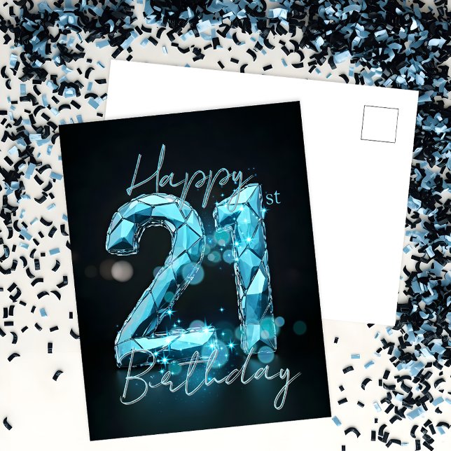 Cartão Postal Elegante aniversário de 21 anos Azul e Preto Sapph (Criador carregado)