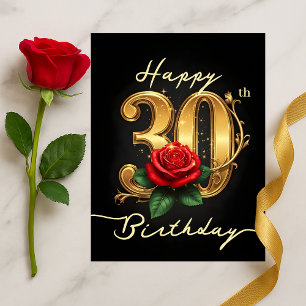 Cartão Postal Elegante Aniversário de 30 anos Dourado Script Flo