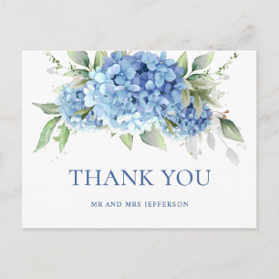 Cartão Postal Elegante Aquarela Azul Hydrangea Boho Obrigado