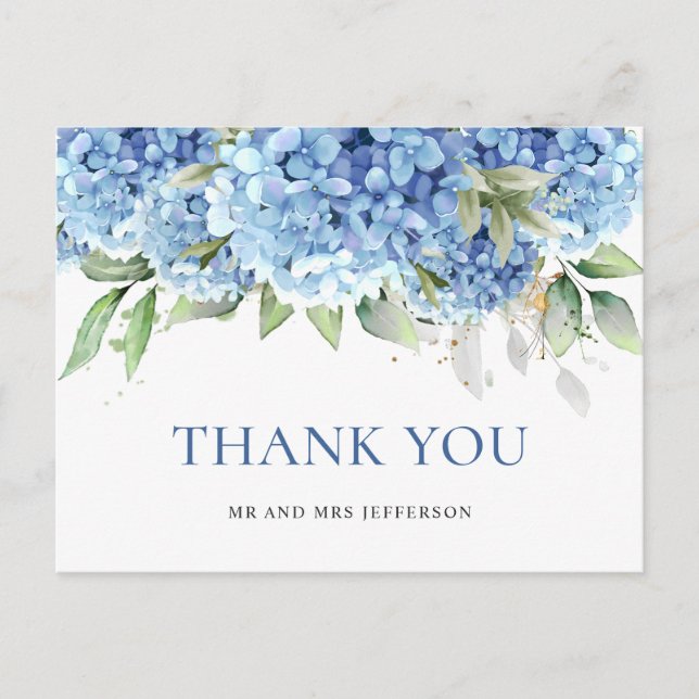 Cartão Postal Elegante Aquarela Azul Hydrangea Flor Obrigado (Frente)
