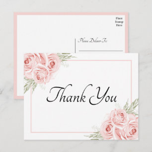 Cartão Postal Elegante Aquarela de Rosa Água Rosa Floral Obrigad