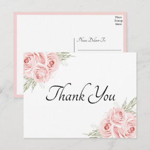Cartão Postal Elegante Aquarela de Rosa Rosa Floral Agradeciment