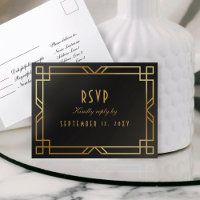 Elegante Art Deco Black Dourado Frame RSVP Simples