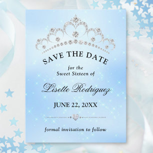 Cartão Postal Elegante Azul Save The Date de Sweet Sixteen