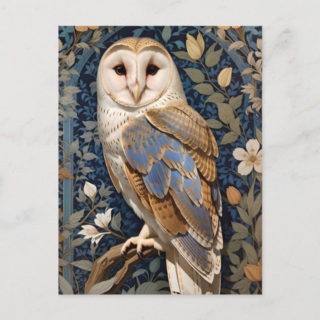 Cartão Postal Elegante Barn Owl William Morris Inspirou Floral (Frente)
