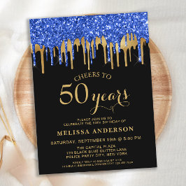 Cartão Postal Elegante Blue Dourado Glitter Drips 50 Birthday