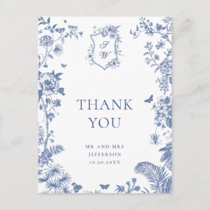 Cartão Postal Elegante Blue French Garden Floral Obrigado