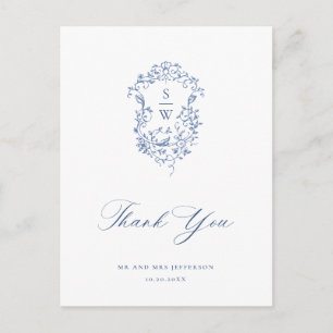 Cartão Postal Elegante Blue French Garden Floral Obrigado