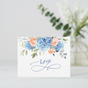 Cartão Postal Elegante Blue Hydrangea Blush Rosas Weding RSVP