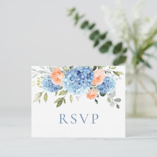Cartão Postal Elegante Blue Hydrangea Blush Rosas Weding RSVP