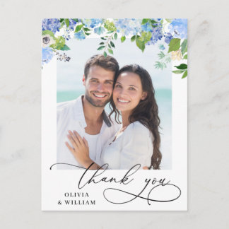 Cartão Postal Elegante Blue Hydrangea Foto de Casamento Obrigado
