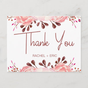 Cartão Postal Elegante Blush Floral Casamento Obrigado Cartão-Po