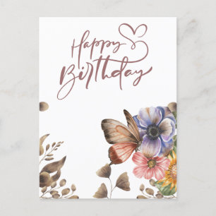 Cartão Postal Elegante Boho Borboleta Floral Aniversário 