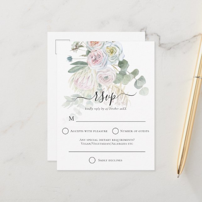 Cartão Postal Elegante Boho Florals Eucalyptus Wedding RSVP (Frente/Verso In Situ)