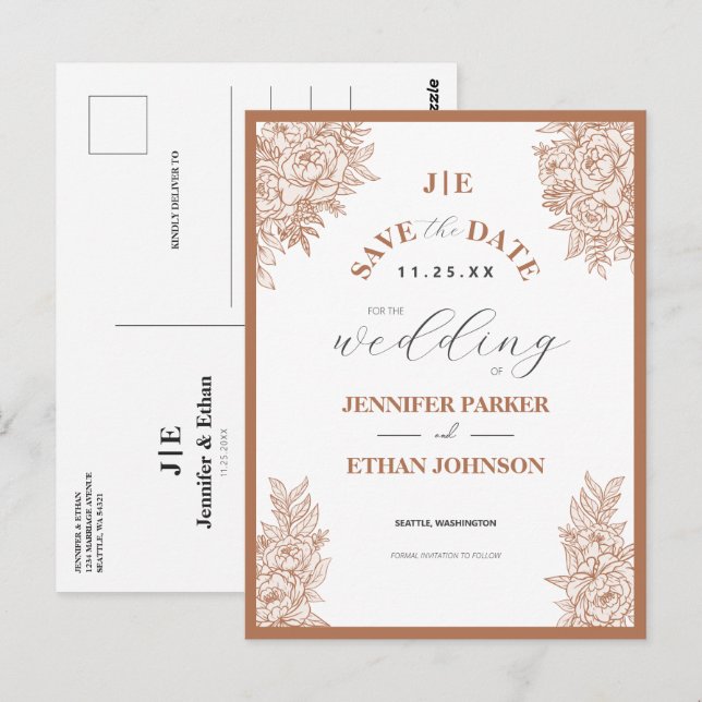 Cartão Postal Elegante Boho Peony Botânica Salvar a Data (Frente/Verso)