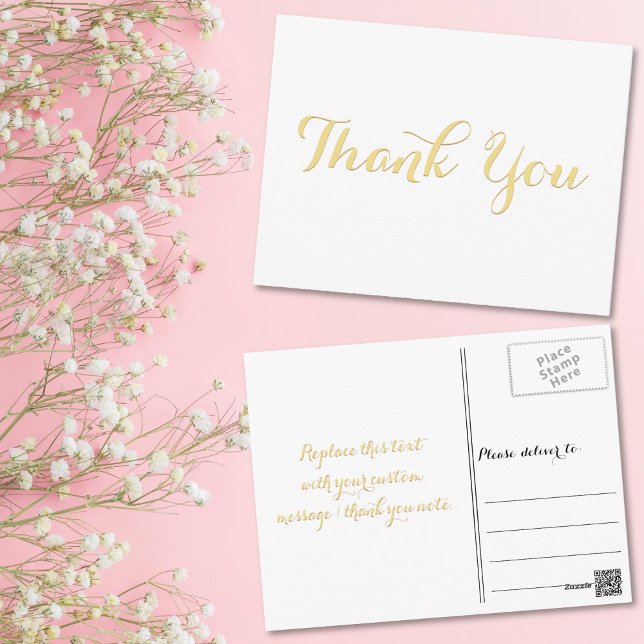 Cartão Postal Elegante Branco Estiloso Falso Script Agradeciment (Elegant White Stylish Faux Gold Script Thank You Postcard)