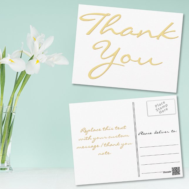 Cartão Postal Elegante Branco Moderno Falso Script Agradecimento (Modern White Elegant Faux Gold Script Thank You Postcard)