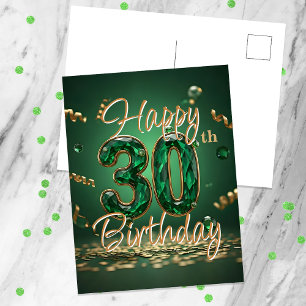 Cartão Postal Elegante Brilho Verde e Dourado Aniversário de 30