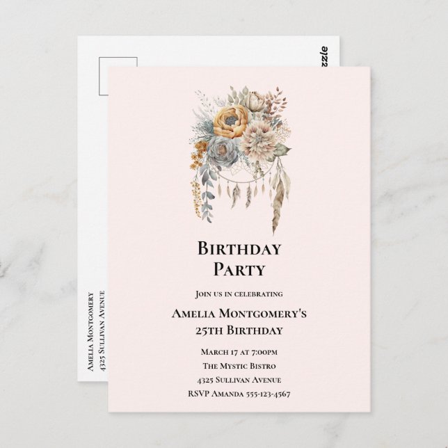 Cartão Postal Elegante Buquê de Flor com Dreamcatcher Birthday (Frente/Verso)