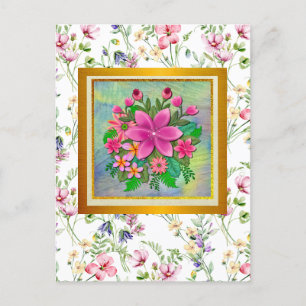 Cartão Postal Elegante Buquê de Flores Botânicas de Aquarela da