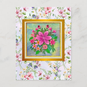 Cartão Postal Elegante Buquê de Flores Botânicas de Aquarela de
