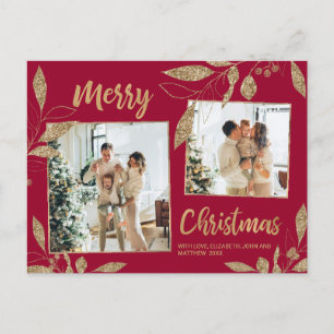 Cartão Postal Elegante Burgundy Dourada Botânica 2 Foto Natal