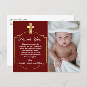 Cartão Postal Elegante Burgundy Dourado Cross Baptism Obrigado