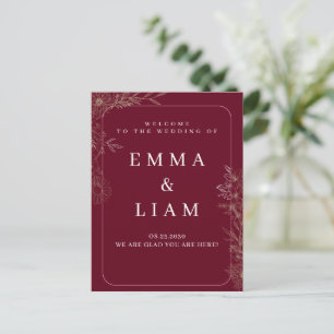 Cartão Postal Elegante Burgundy Dourado Floral Casamento Bem-vin
